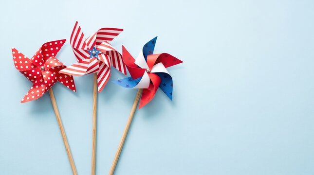 Three vibrant paper pinwheels with bold red white and blue patterns spin cheerfully against a soft pastel sky for patriotic event decorations
