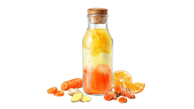 Watercolor illustration of traditional indonesian jamu herbal drink bottle with fresh turmeric, ginger, carrot, and orange slices for sticker or clipart