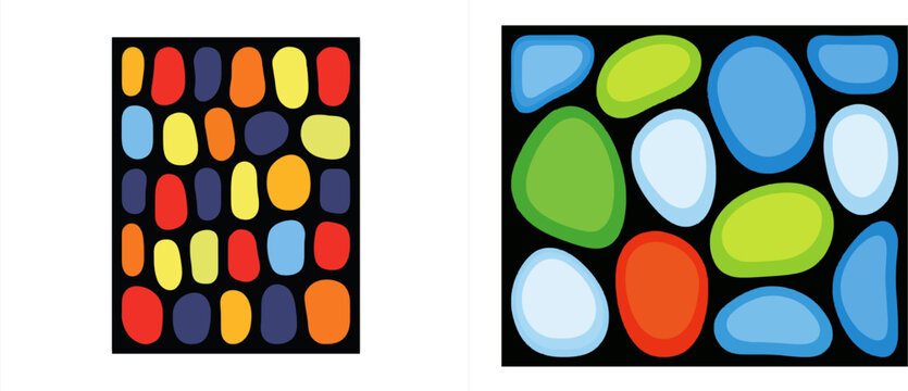 A vibrant array of colorful, abstract shapes in a maximalist style stands out against a solid black background, creating a clean yet balanced chaos effect