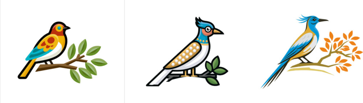 A vibrant bird with a striking blue eye and colorful plumage perches gracefully on a simple geometric branch, surrounded by lush green leaves in an earthy gold and vivid blue color palette