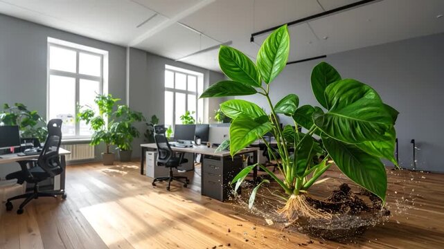 Vibrant green plant with roots breaking out of soil overflowing into modern office space