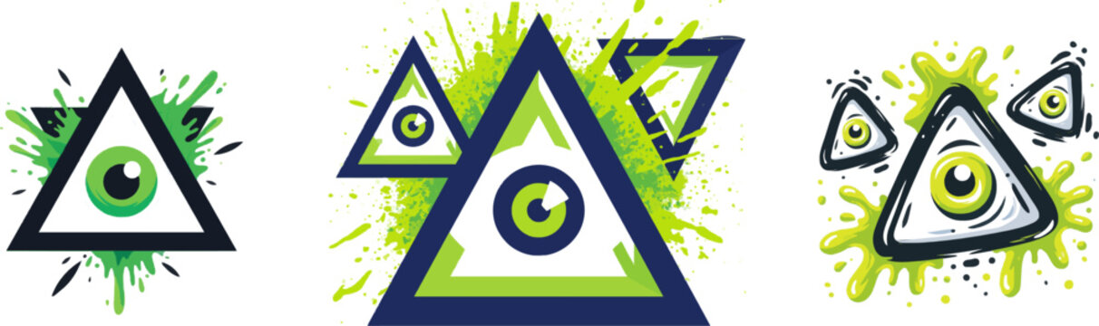 A neon green eye within a black triangle, surrounded by dynamic splashes of neon green against a stark white background, evokes a sense of abstract maximalism with its vibrant palette and explosive