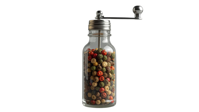 Pepper mill grinding colorful peppercorns transparent background