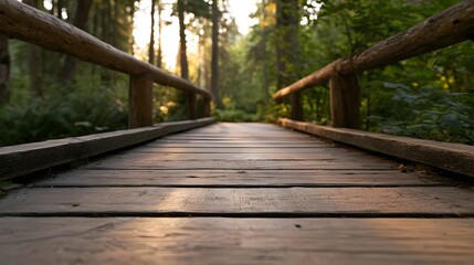 Fototapeta premium A wooden bridge extends into a lush forest bathed in warm golden hour sunlight