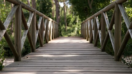 Fototapeta premium A rustic wooden bridge stretches through a dense vibrant forest inviting explo n into the scenic wilderness