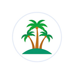 Obraz premium Isolated tropical island with three palm trees on a small green hill within a thin light blue circle, simple flat vector illustration