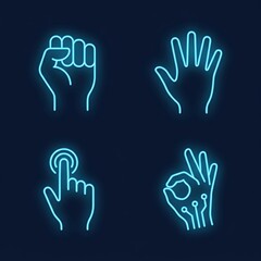 Obraz premium Collection of four glowing neon blue hand gestures and icons on dark background representing different actions and communication