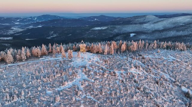Fast Sunrise Aerial Orbit Barania Gora Lookout Tower