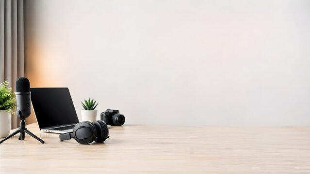 Minimal podcast and video creator desk with microphone laptop headphones and camera gear