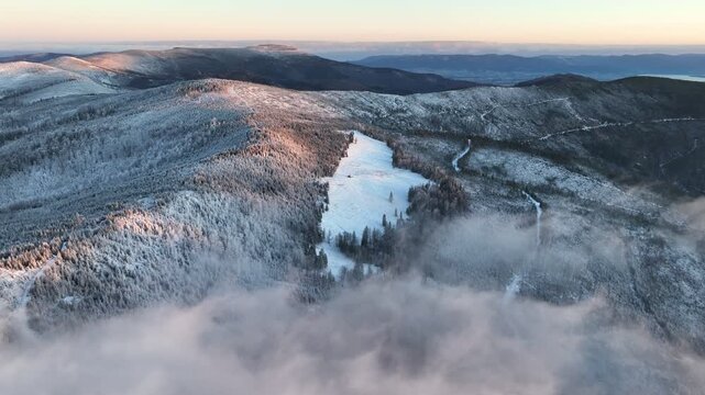 Winter Mountains Sunrise Inversion Panoramic Aerial Orbit