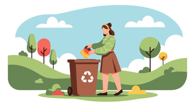 Illustration of a woman recycling in a park, promoting environmental responsibility and a sustainable lifestyle