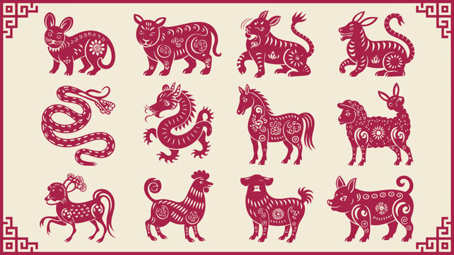 Set of twelve traditional Chinese zodiac animals in paper cut style with decorative border frame