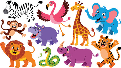 Naklejka premium Colorful cartoon illustration set of cute wild animals for children's books and nursery decor