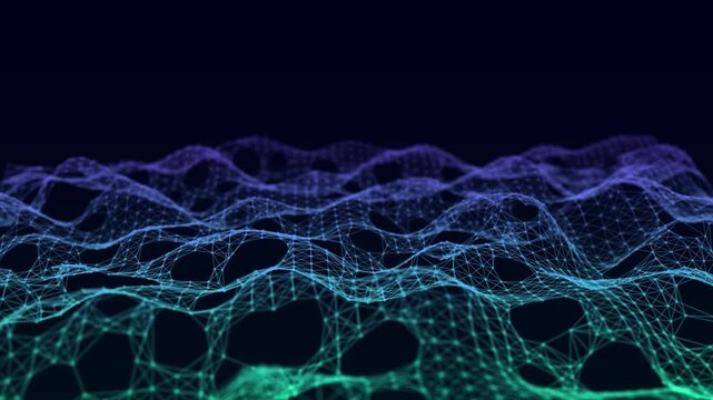 Waves transmit silent codes through a luminous matrix. Particles pulse with digital motion. 3D rendering. Seamless loop.
