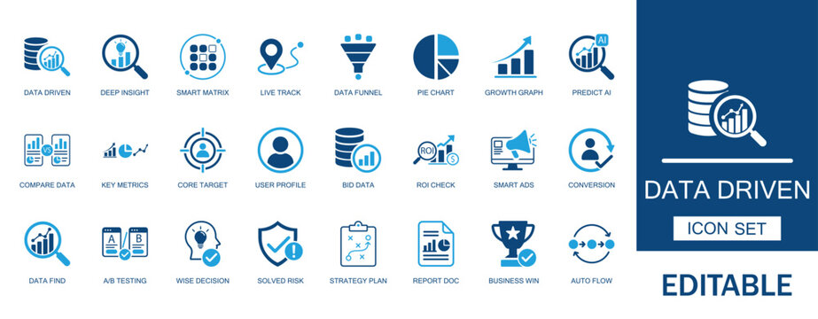 Data driven business analytics icon set. Featuring smart, matrix, metrics, growth, graph, chart, conversion funnel, marketing, strategy, plan, and deep insight symbols.