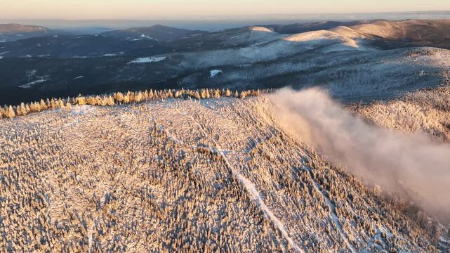 Winter Morning Mist Aerial Orbit Beskid Slaski Mountains