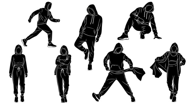 Set of dynamic street dancers in hoodies, urban style performance