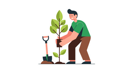 Man planting a tree with shovel and soil, environmental care, flat illustration © awan