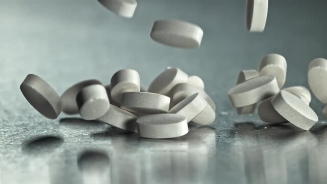 White round tablets falling and landing on metallic surface, Filmed on a high-speed camera at 1000 fps.