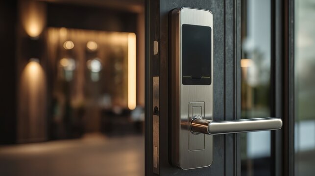 Modern digital door lock with a sleek handle on a glass entrance, showing security and access control technology.