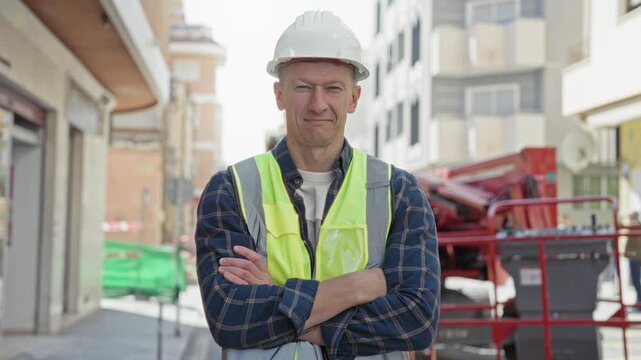 Man builder in hardhat and safety vest giving thumbs up on urban street construction site; confidence professionalism.