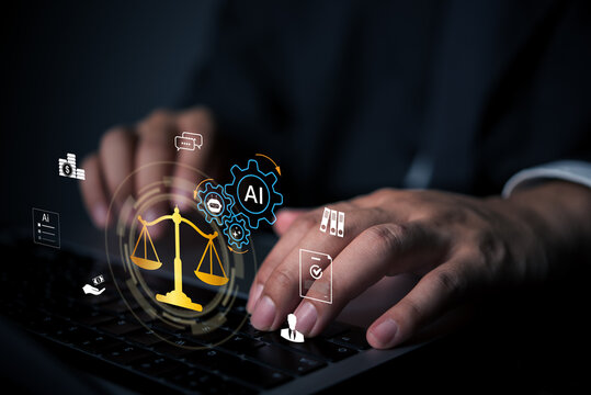 AI legal technology concept businessman using laptop with justice scales and tech icons