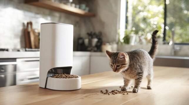 A kitten stands near an automatic pet feeder on a kitchen countertop with spilled dry food.