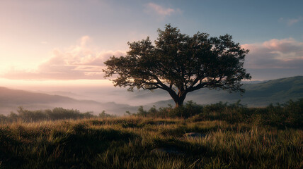 Fototapeta premium A solitary oak tree standing alone in a lush meadow, golden sunrise lighting, soft mist over distant hills, peaceful and serene atmosphere