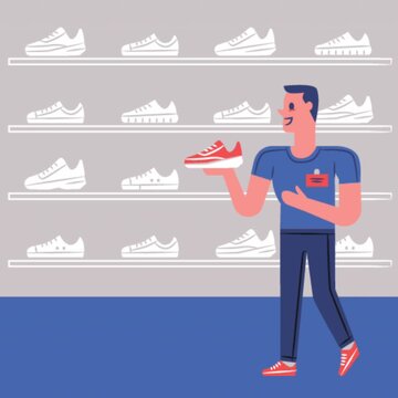 Animated cartoon man selling shoes inside a retail shop, creating a cheerful shopping and customer service atmosphere.