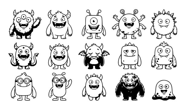 Cute cartoon monster vector set with colorful funny creature characters isolated on white background