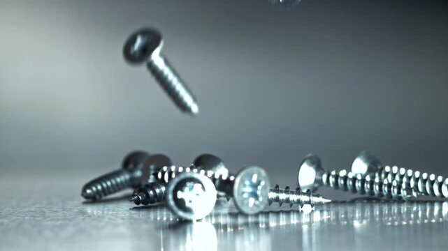 Macro view scattered crosshead screws, philips heads and threaded Filmed on a high-speed camera at 1000 fps.