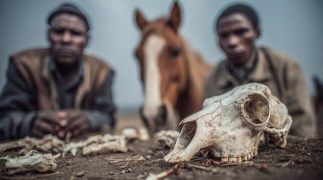 Weathered animal skull on rural ground with two men and a horse blurred in the background, evoking loss and resilience