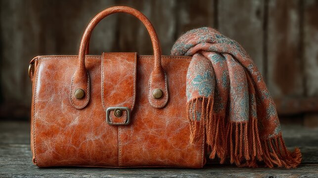 Leather handbag with patterned wool scarf on rustic wooden surface, vintage orange brown fashion accessory