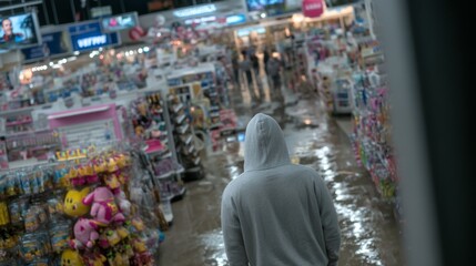 Obraz premium Shoplifting suspect in gray hoodie walking down a toy store aisle captured from behind, retail theft and surveillance concept