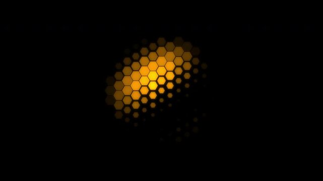 A vibrant orange hexagonal hive grid pulses with dynamic digital data flashes, creating a glowing seamless 2D motion graphics pattern on a sleek black background.