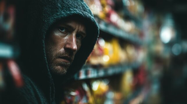 Man in a dark hooded jacket looking suspicious in a grocery store aisle suggesting robbery tension and urban crime scene atmosphere