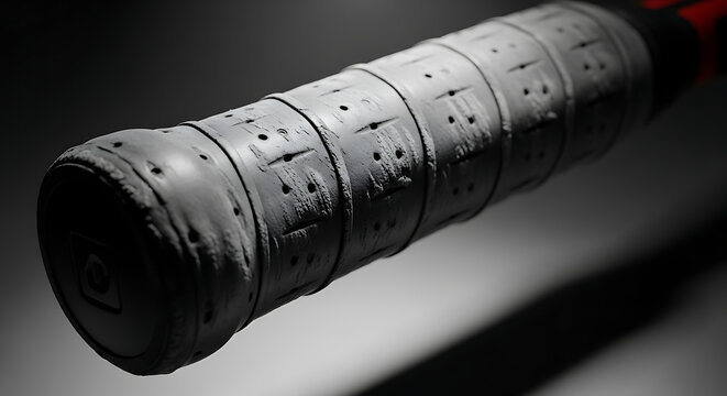 Close-up of a Tennis Racket Grip in Dramatic Lighting.