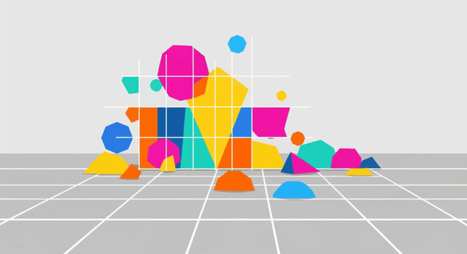 Abstract geometric composition featuring colorful 2D and 3D shapes including polygons and triangles arranged on a white grid over a perspective floor on a gray background.