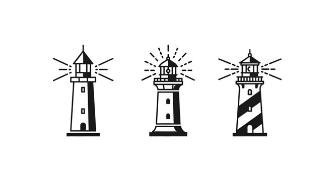 Three Black And White Lighthouse Illustrations Side By Side.
