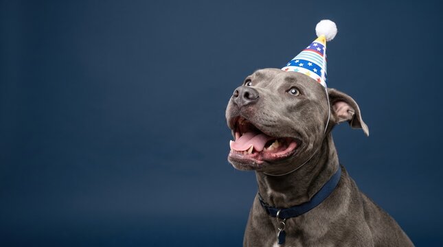 A cheerful dog wearing a colorful party hat celebrates joyfully against a deep blue studio backdrop for pet themed marketing campaigns