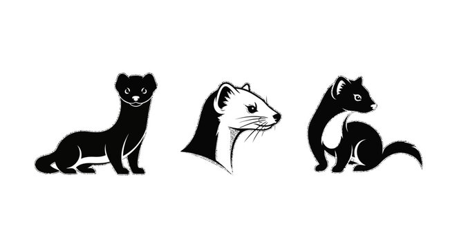 Three stylized black and white animal illustrations set.