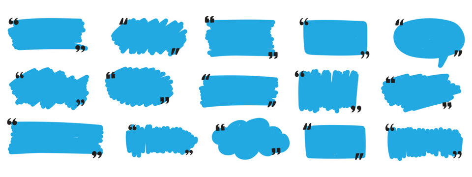 Hand drawn marker lines with quote signs set. Yellow strokes and quotes marks. Collection of colorful design elements. Speech mark symbol. Vector illustration