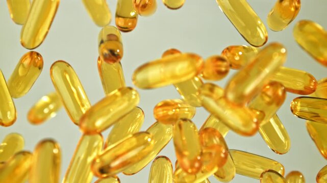 Golden softgel capsules shimmering in warm light, omega supplement Filmed on a high-speed camera at 1000 fps.