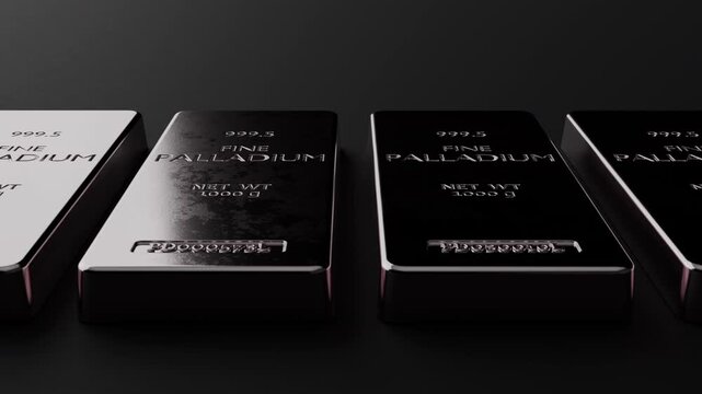 Cinematic loop animation of palladium bars with premium reflections and dark luxury styling. Ideal for finance, investment, trading and commodity content. Part of series.