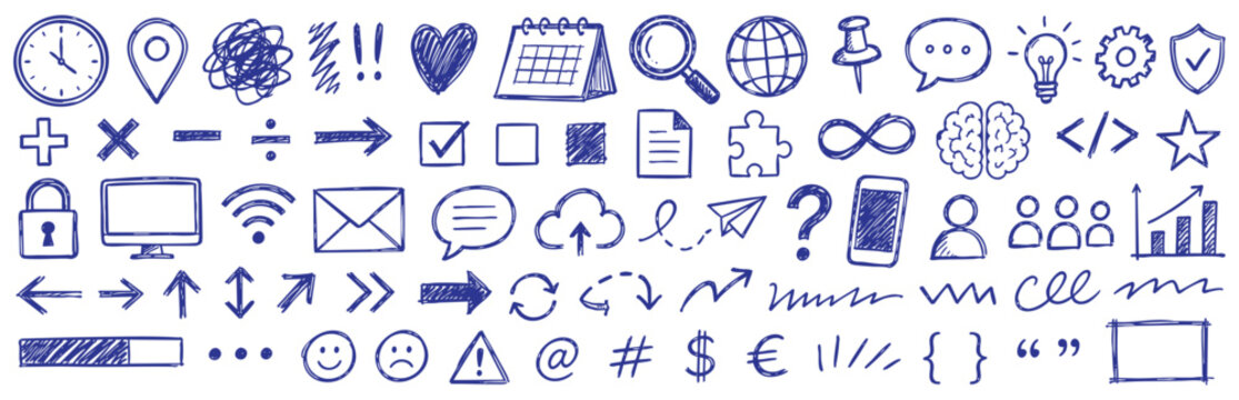 A collection of hand-drawn doodle icons including business, technology, communication, and education symbols, isolated on a white background.