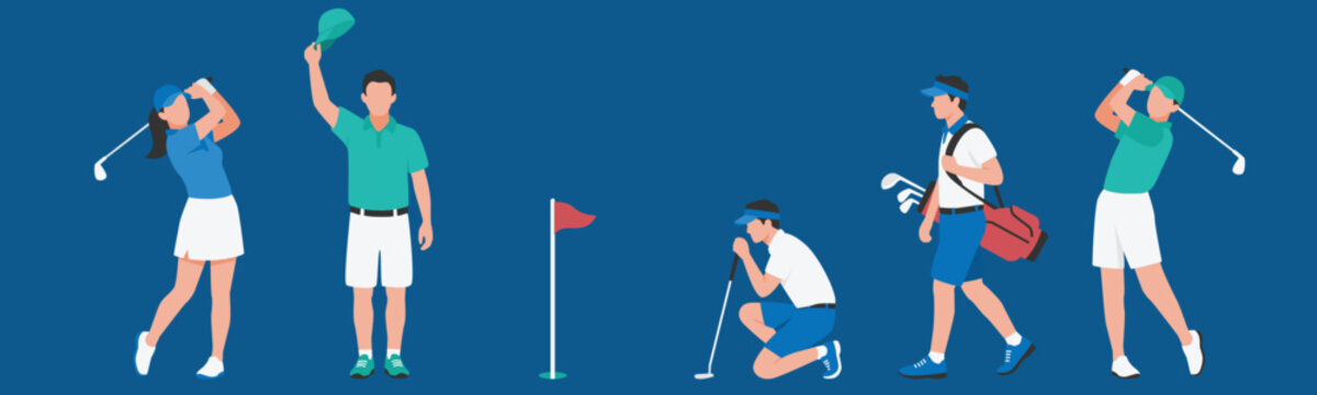 Minimalist flat vector illustration set of male and female golfers in various playing poses isolated on a dark blue background