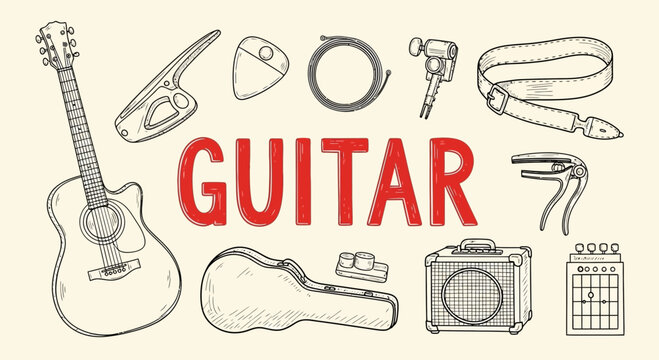 A detailed collection of hand-drawn guitar accessories and equipment, featuring an acoustic guitar, capo, picks, strings, strap, case, amplifier, and chord chart, with the word GUITAR.