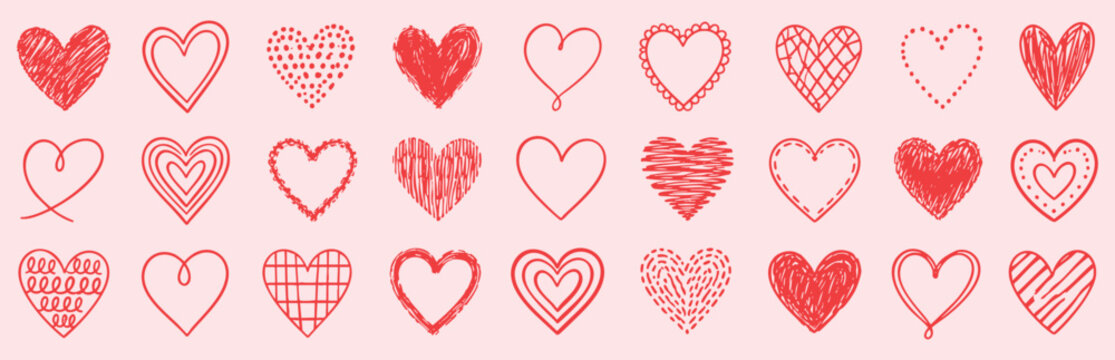 Collection of various hand drawn red hearts, doodle style heart shapes for Valentine's Day, romantic love symbols, vector illustration on pink background