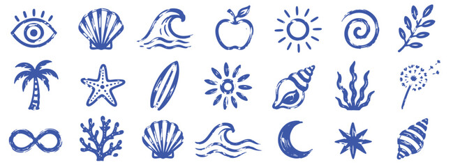 Fototapeta premium Collection of hand drawn blue summer and nature icons including shells, waves, sun, palm tree, and plants isolated on white background.