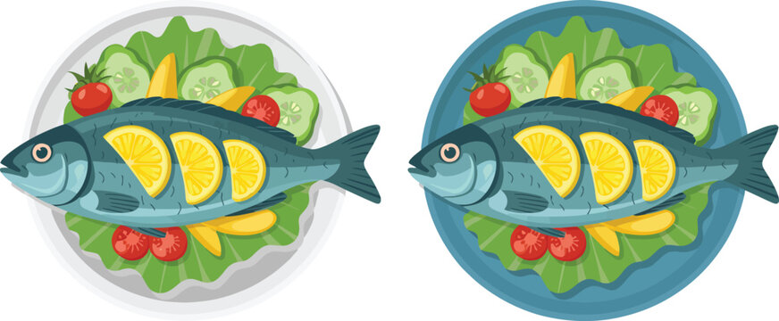 Cartoon fish with colorful fruit plate